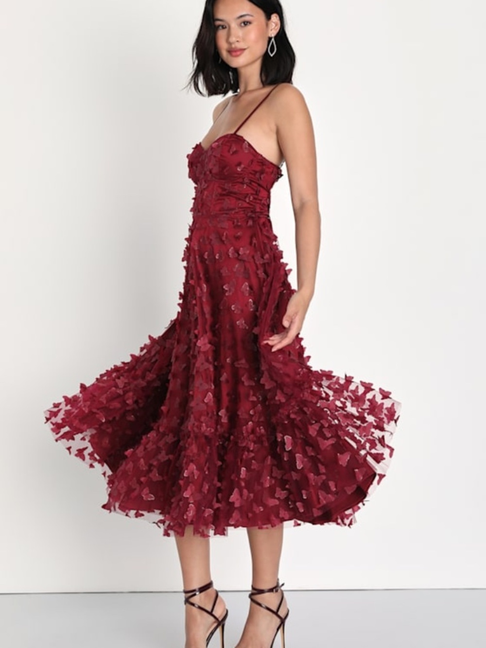 Lulus Time To Fly Burgundy Butterfly Lace-up Midi Dress Red - Size S